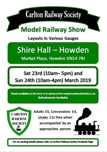 Carlton Railway Society Model Railway Show: Sunday 24th March | 10am-4pm | 201903241000: Concession